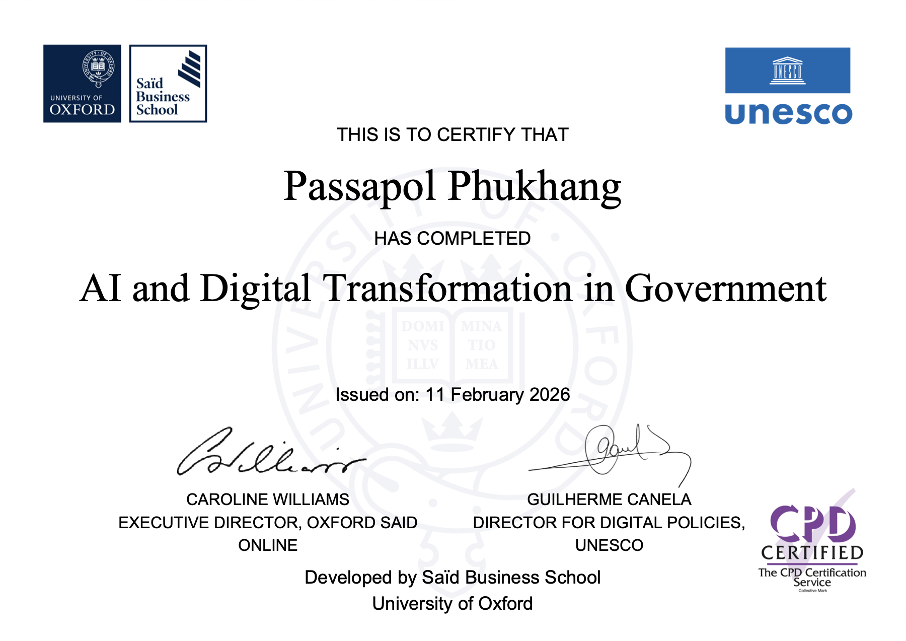 Certificate awarded to Passapol Phukhang for completing AI and Digital Transformation in Government