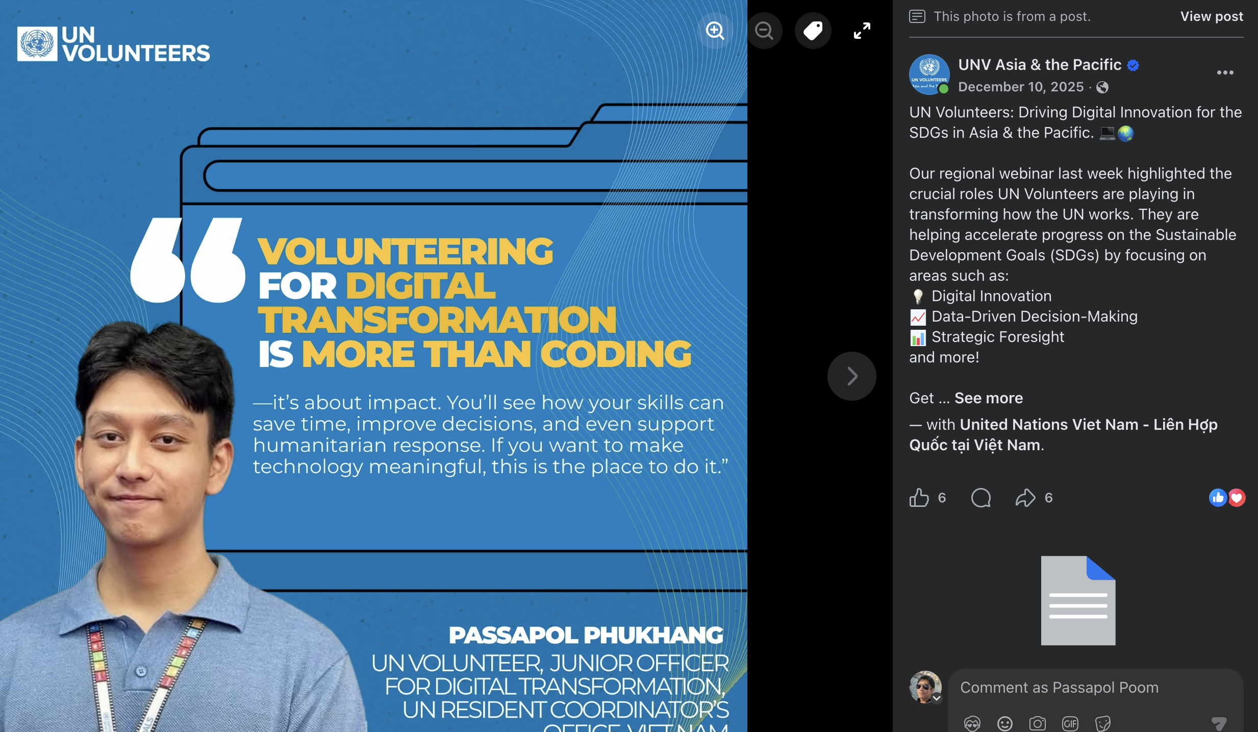 Official UNV Asia and the Pacific Facebook feature about Passapol Phukhang's digital transformation work in Viet Nam