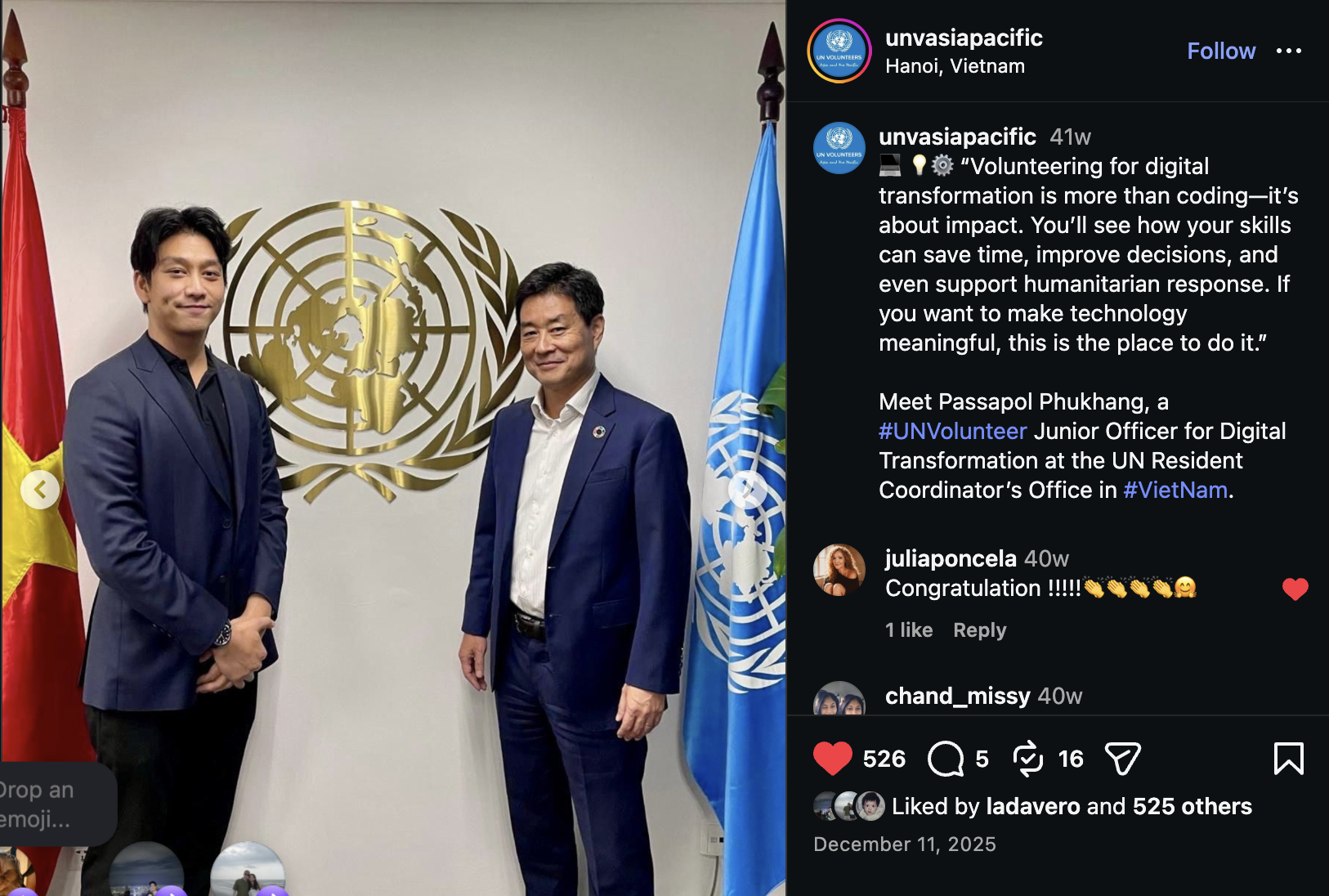 Official UNV Asia and the Pacific Instagram feature showing Passapol Phukhang at the United Nations in Viet Nam