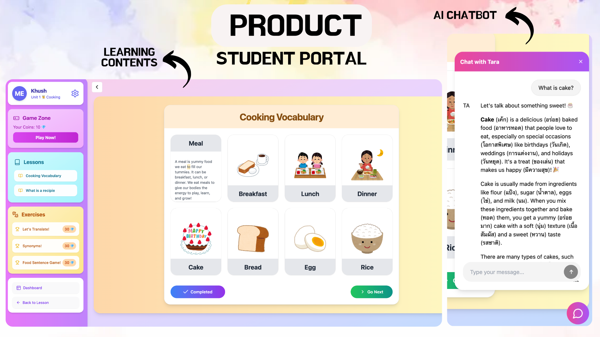 TARA student portal with learning content and an AI chatbot